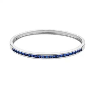 Blue Sapphire Color Diamond Simulants Bangle Bracelet in Silvertone 6"